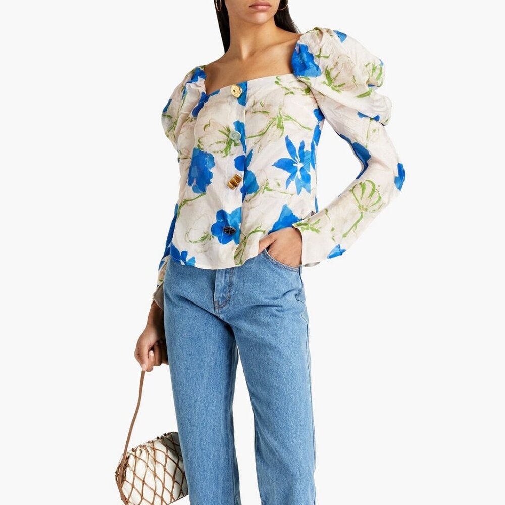 Rejina Pyo Women's Maya Blouse Medium Cream Blue Floral Crepe Puff Sleeve Top
